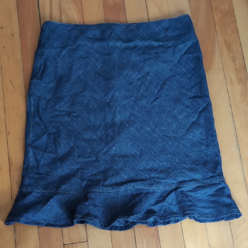 Ralph Lauren Indigo silk/ Linen /Wool Denim Pencil Skirt Frill Hem